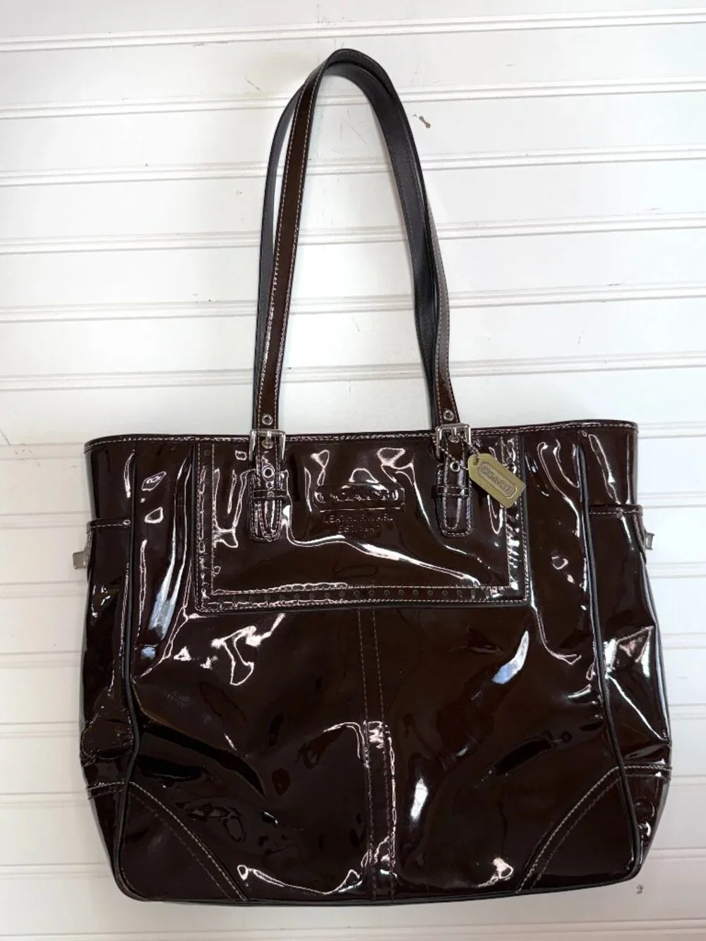 Coach Mahogany Patent Leather Gallery Tote Shoulder Bag Zip Top Large - Picture 1 of 8